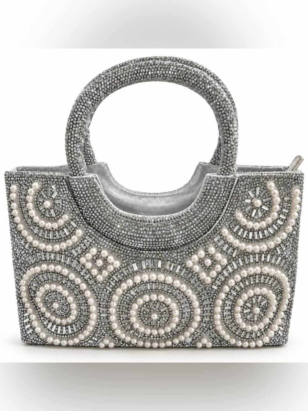 Silver Pearl & Rhinestone Beaded Evening Bag with Chain NWT